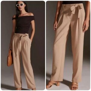 Maeve Beige Tan Pleated Belted Trousers Paper Bag Pants Straight Leg Size 6 Chic